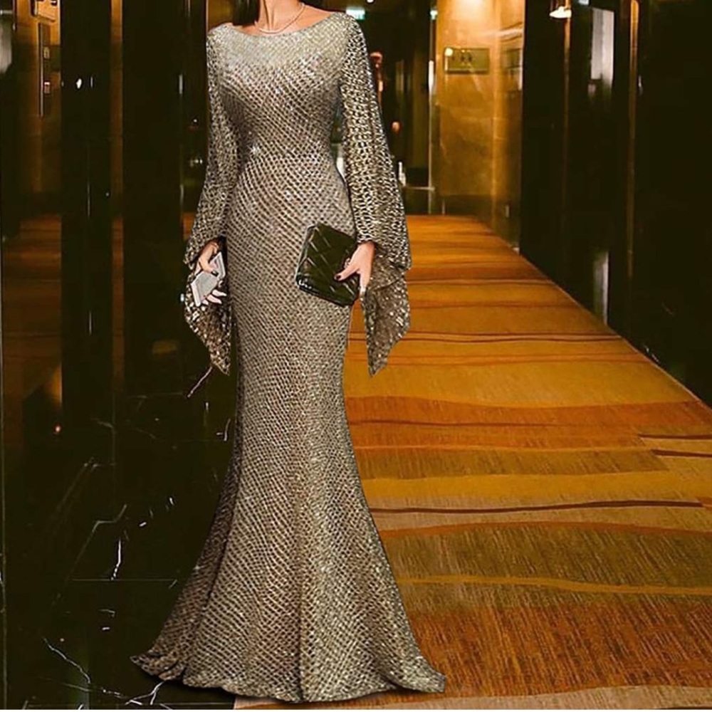 Gold Trumpet Sleeve Dress